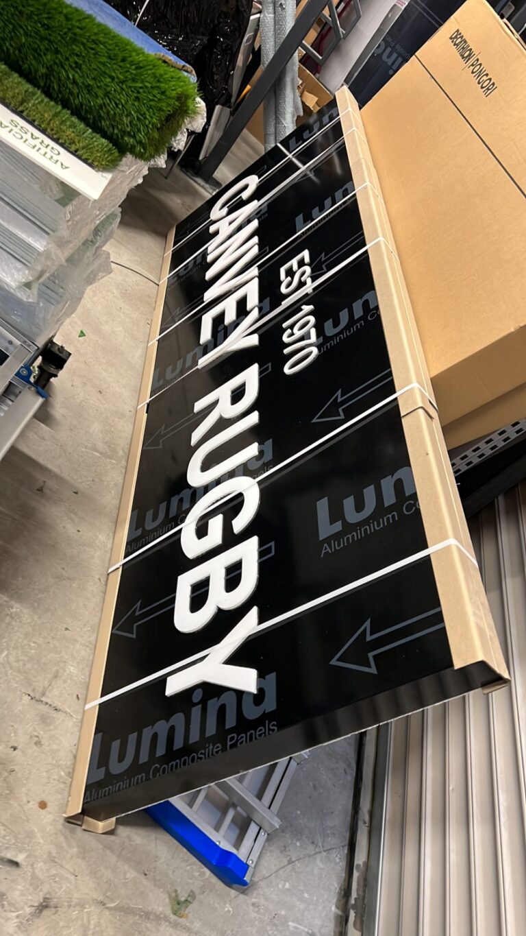 Canvey Rugby ACM sign with built-up letters, made in the Flash Design & Print workshop