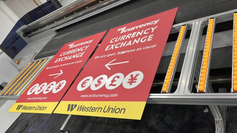 Printed rigid Currency Exchange signs on the flatbed printer