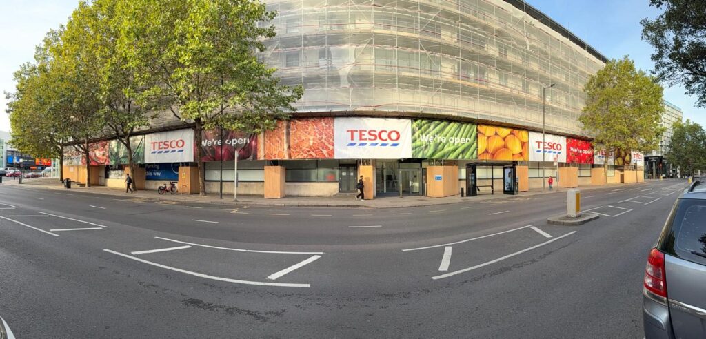 Tesco Kensington store frontage with 85m of scaffold banners