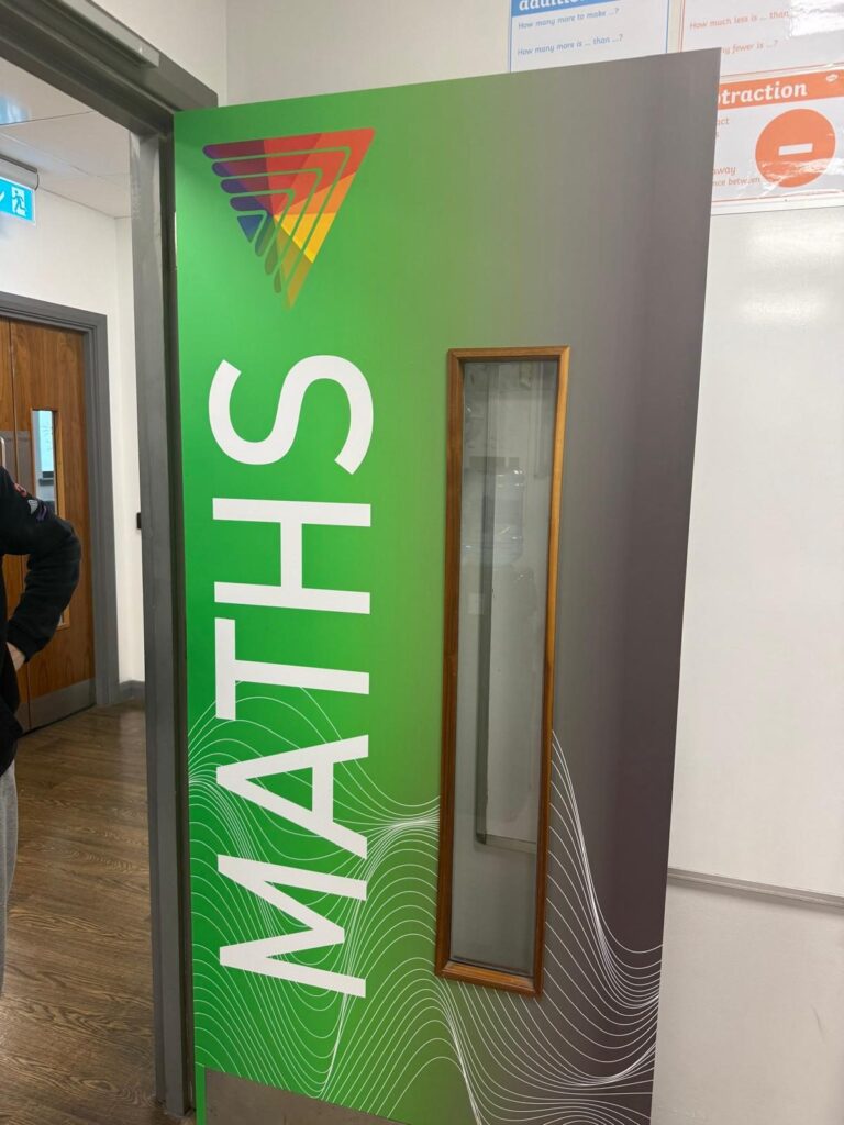 Colour-coded Maths classroom door wrap