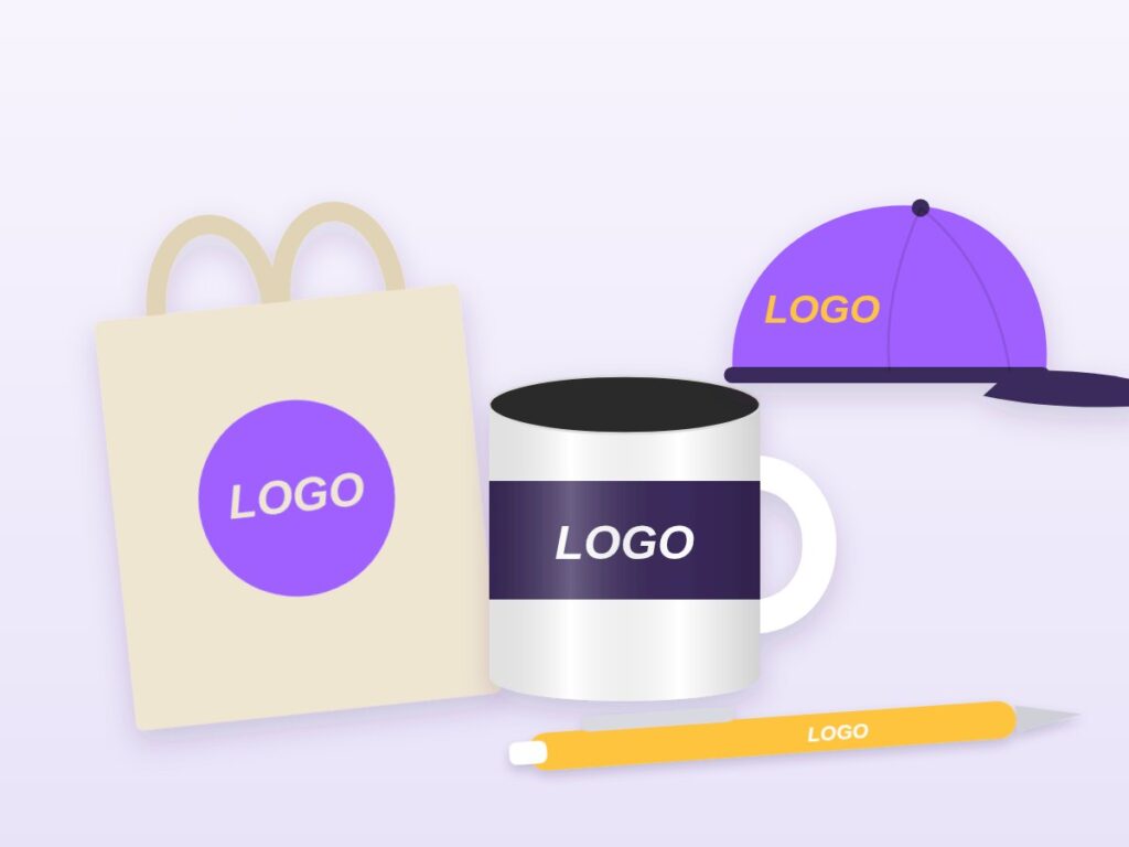 Branded merchandise: tote, mug, cap and pen