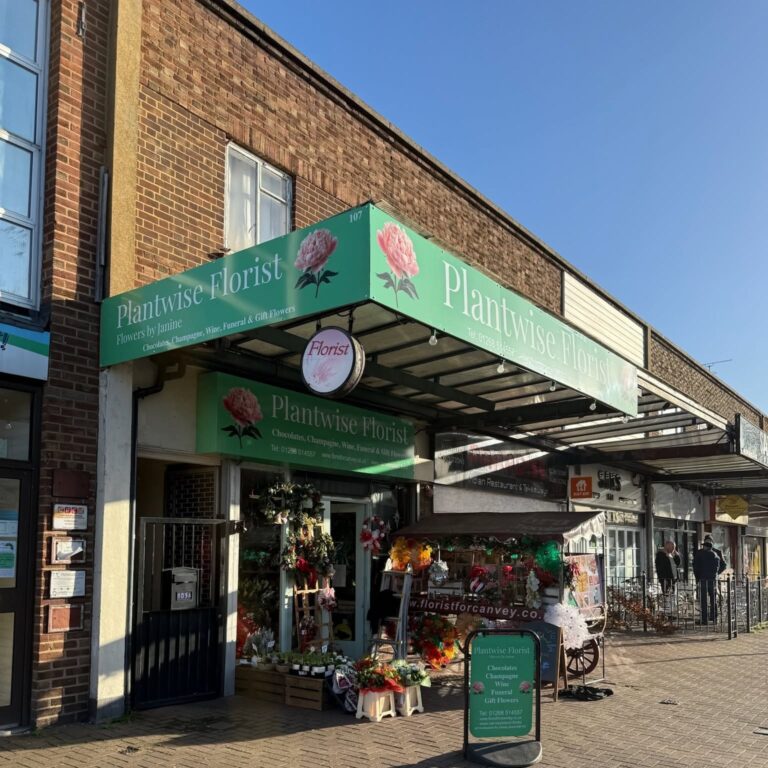 Shop fascia signs, projecting sign and A-board for Plantwise Florist, Canvey Island, by Flash Design & Print