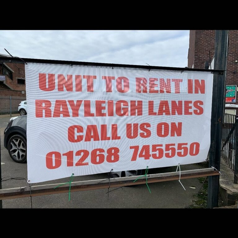Printed PVC banner with eyelets for a unit to rent at Rayleigh Lanes, by Flash Design & Print