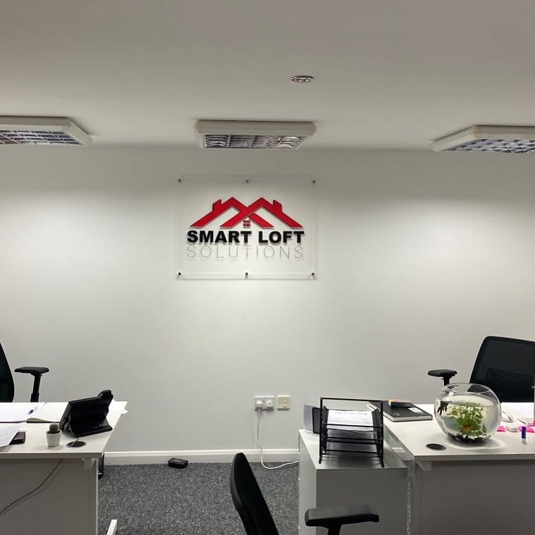 Clear acrylic reception sign with stand-off fixings for Smart Loft Solutions, by Flash Design & Print