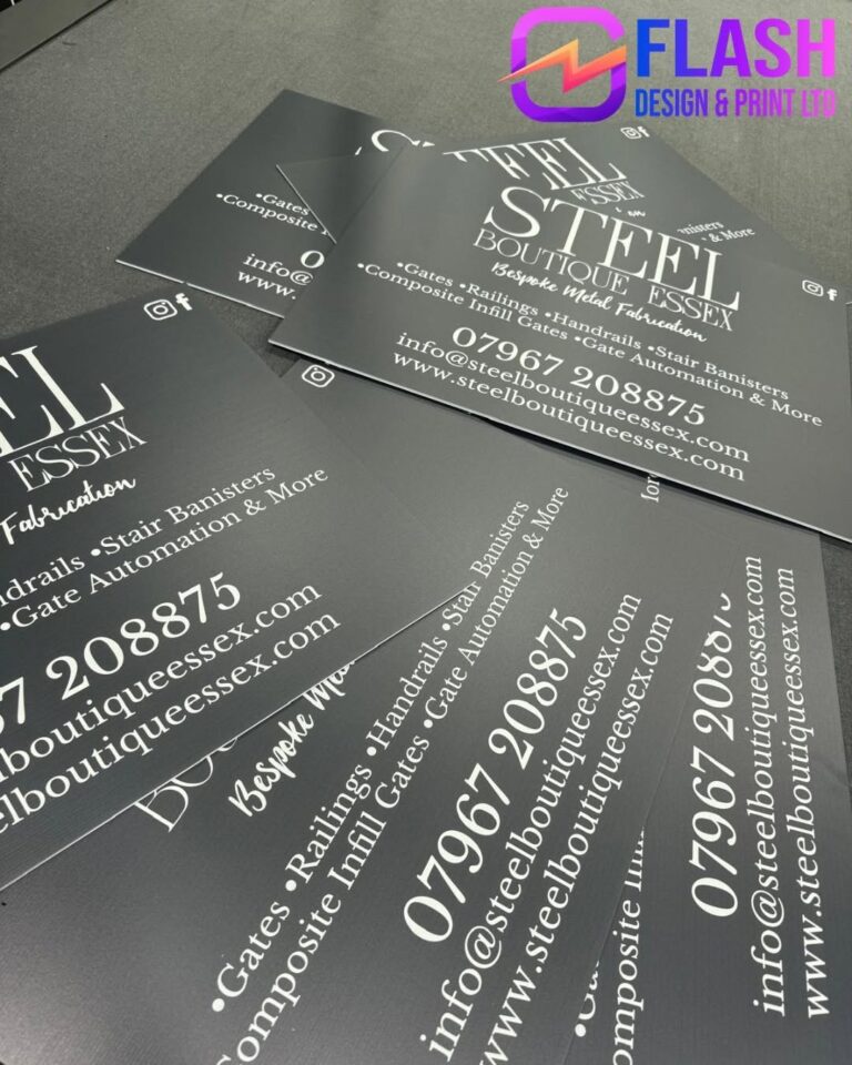 Printed Correx advertising boards for Steel Boutique Essex, made by Flash Design & Print