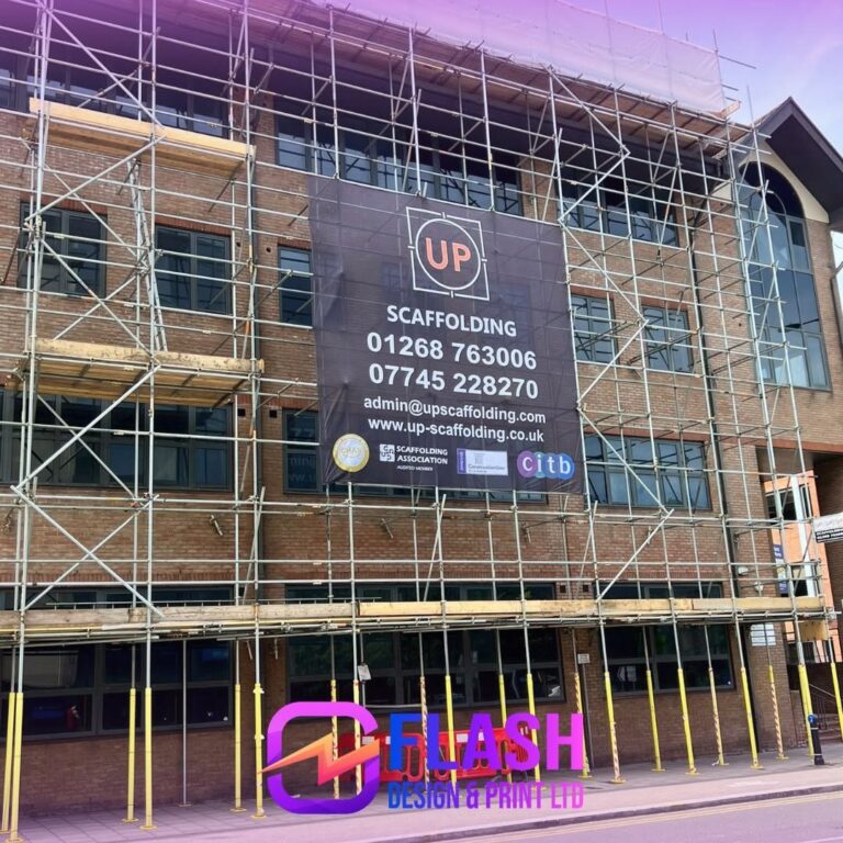 Large printed scaffold banner for UP Scaffolding on a building in Essex, by Flash Design & Print